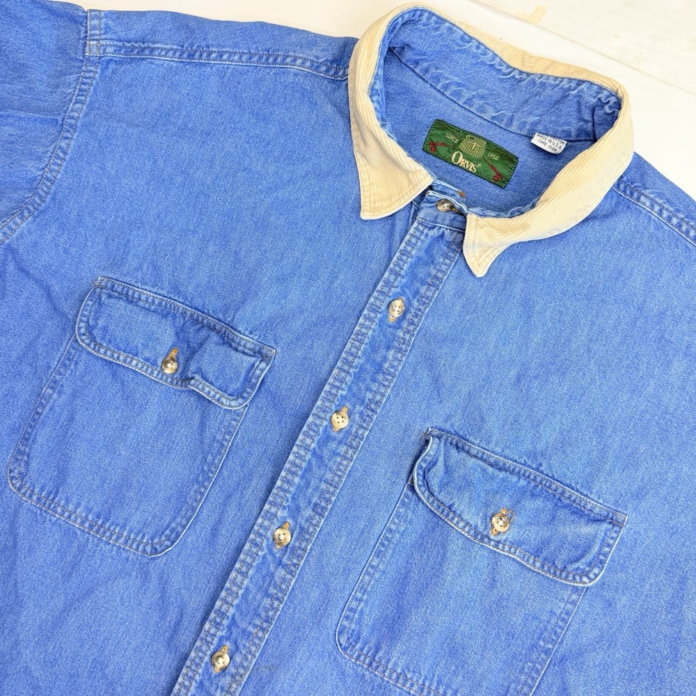Orvis Denim Shirt XL Blue Corduroy Collar Button Front Cotton Vintage Long Sleev